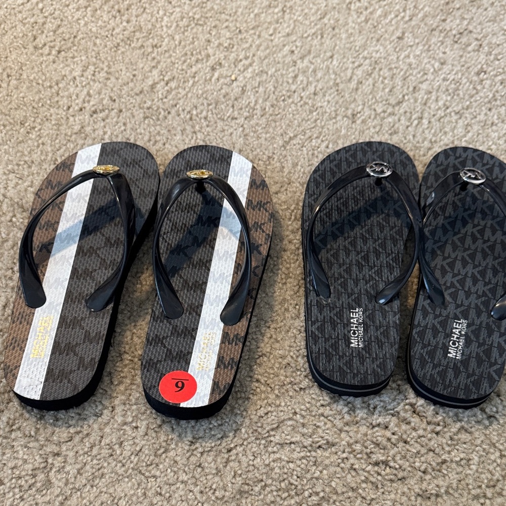Michael Kors Black and Brown Logo Flip Flops